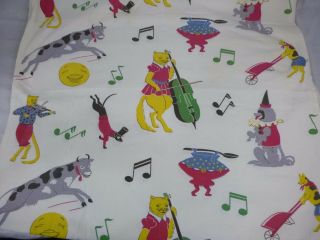 Pr Vtg Cotton Barkcloth Fabric Novelty Curtains Nursery Rhyme Cat Fiddle 33x76 "