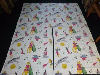 Pr Vtg Cotton Barkcloth Fabric Novelty Curtains Nursery Rhyme Cat Fiddle 33x76 