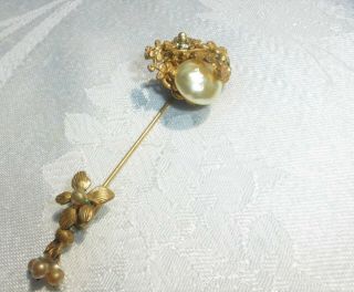 Vintage 3 " Signed Miriam Haskell Gilt Baroque Pearl Flower Stick Pin