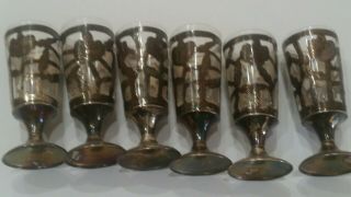 Vintage Mexico Sterling Silver Glass Cordial Shot Glasses Set Of 6 With Inserts