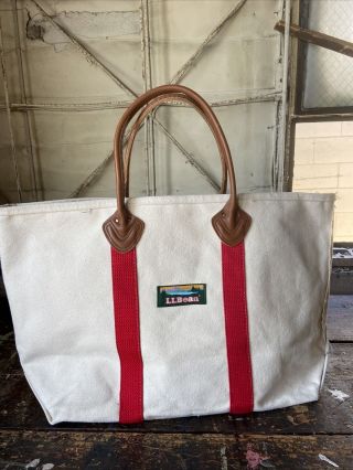 Vintage Ll Bean Boat And Tote Canvas Bag 1980’s 90’s Large Logo Leather
