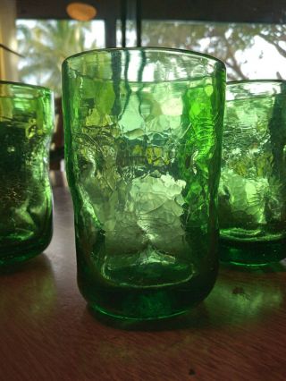 8 Pc.  Blenko Vtg Mid Century Modern Green Pinch Tumbler Crackle Glass Retro 4 "
