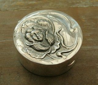 English Hallmarked Sterling Silver Pill / Snuff Box With Nouveau Style Lady