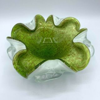 Vintage Murano Art Glass Lime Green Copper Aventurine Cased Bowl Dish Ashtray