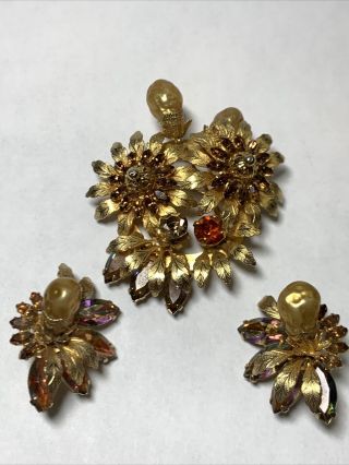 Vintage Signed Vendome Flowered Ruby,  Amber Crystal & Pearl Brooch,  Earrings Set