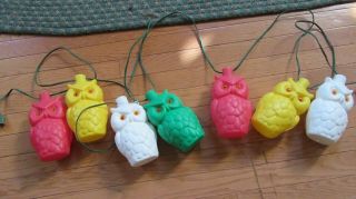 Vintage String Of 7 Blow Mold Plastic Owls Patio Rv Camping Lights Set