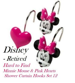 Disney Minnie Mouse & Hearts Bath Shower Curtain Hooks Set 12 Retired