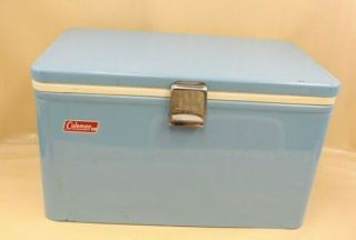 Vintage Coleman Baby Blue Metal Cooler W/ Tray Handles Opener Ice Chest Camping