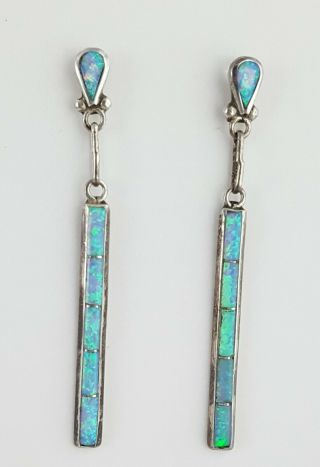Vintage Zuni Sterling Silver Opal Inlay Drop Dangle Earrings Signed J.  C.  Chico