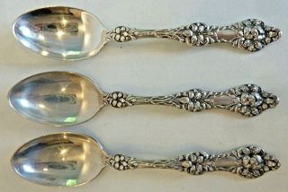 3 Sterling Demitasse Spoons,  Alvin " Orange Blossom ",  No Monogram,  Pat.  1905
