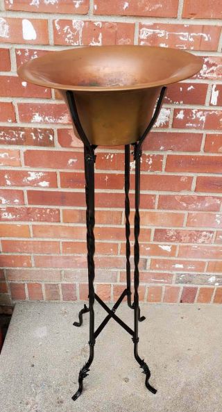 Vintage Black Wrought Iron Plant Stand W/ Copper Pot Decorative Leaves & Daisies