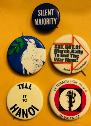 Anti - Vietnam Cause Political Pin Pinback Buttons - One 1 1/2 " And Four 1 3/4 "