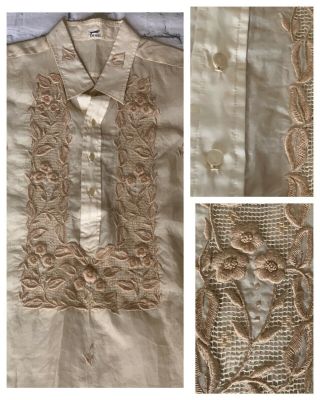 1950’s Vintage Sheer Embroidered Men Ethnic Barong Style Dress Shirt Mr.  Mort Xl