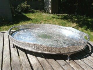 Ornate Antique Vintage Sheffield Silver On Copper Galleried Serving Drinks Tray