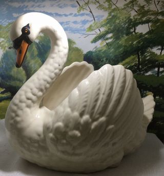 Large Vintage Dartmouth Devon Pottery White Swan Planter Pot.  26cm