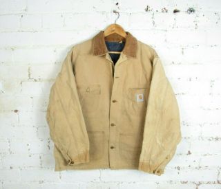 Vtg Carhartt Mens Beige Button Detroit Jacket Blanket Lined Zipup Workwear Xl