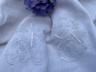 Stunning Vintage French Pure Linen Tablecloth Huge Monogram A G Gorgeous Fabric