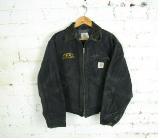 Vtg 90s Carhartt Mens Black Usa Detroit Jacket Blanket Lined Zip Workwear 44 "