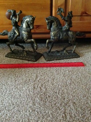 Set Of Two Vintage Brass Horse Back Riders Lady Falconer & Indian Scout