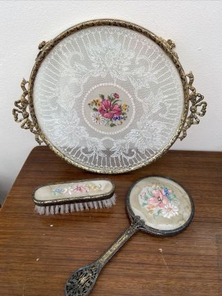 Vintage Petit Point Lace Round Tray Dressing Table/vanity 3 Piece Set