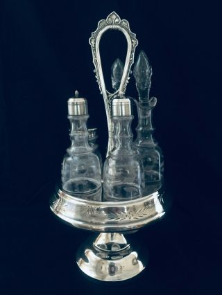 Antique Victorian Silverplate & Glass Castor Cruet Condiment Set Marked