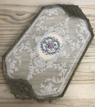 Vintage Petit Point Lace Vanity Glass Dressing Table Tray Ormolu Filigree
