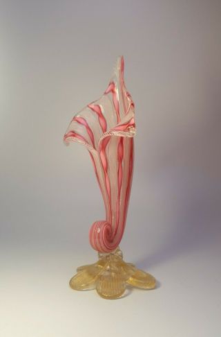 Vintage Murano Zanfirico Pink Ribbon Glass Gold Inclusions Cornucopia Shell Vase