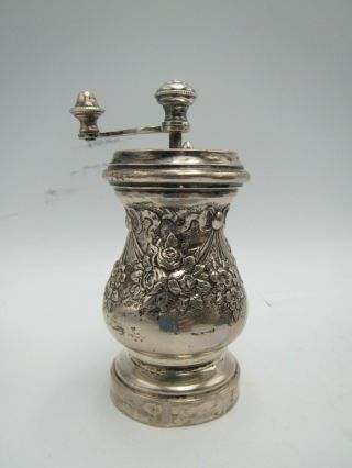 Antique 800 Silver Pepper Mill Spice Grinder Hand Chased Flowers