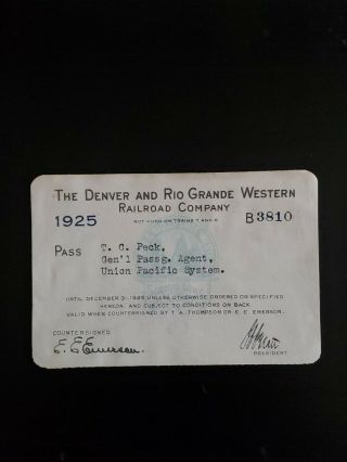 Vintage Rare 1925 Denver And Rio Grande Western Railroad Company Pass Ticket