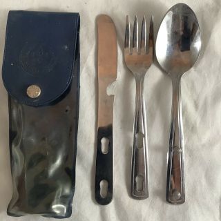 Vintage Boy Scouts America Camping Knife Spoon & Fork Cutlery Set W/ Case