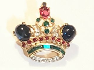 Vintage Trifari Alfred Phillipe Colorful Rhinestone And Cabochon Crown Brooch