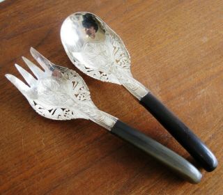 Vintage Southeast Asian Sterling Silver Carved Horn Salad Serving Fork & Spoon