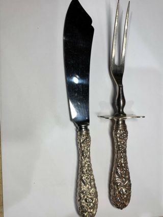 Stieff Sterling Silver Repousse Handled Serving Knife 10” & Fork