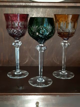 Vtg German Bohemian Lead Crystal Wine Glasses Goblets Set Of 3 Cut To Clear