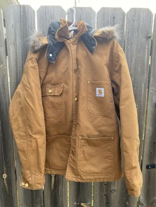 Vintage Carhartt Hooded Blanket Lined Chore Jacket - Size 42 Made In Usa Brown