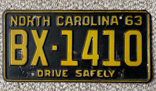 1963 North Carolina Nc Drive Safely License Plate Tag Bx - 1410 Vintage Black