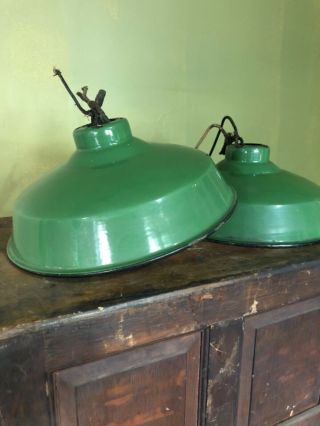 Vintage Green Porcelain Metal Industrial Gas Station Light Lamp Shade 12” Pair