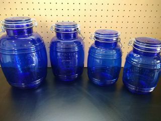 4 Set Vtg Cracker Barrel Style Canisters Cobalt Blue Glass Wire Bail Jar Cookie