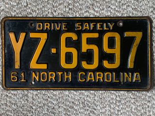 1961 North Carolina Nc Drive Safely License Plate Tag Yz - 6597 Vintage Black