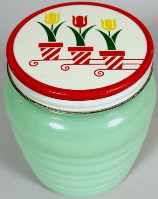 Vtg Jadeite Glass Grease Jar Anchor Hocking Fire King Tulip Lid Pristine Jar