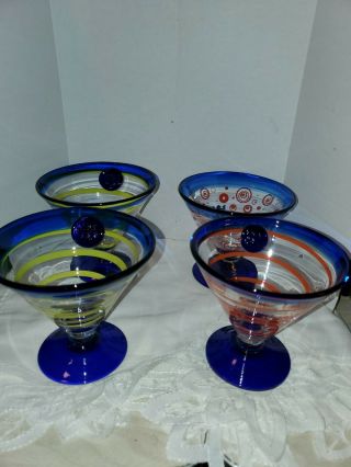 Set Of 4 Kosta Boda Royal Caribbean Cocktail/martini Glasses & 3 Glass Plates