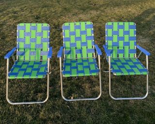Set Of 3 Vtg Folding Aluminum Chair Webbed Patio Lawn Chairs Green Blue -