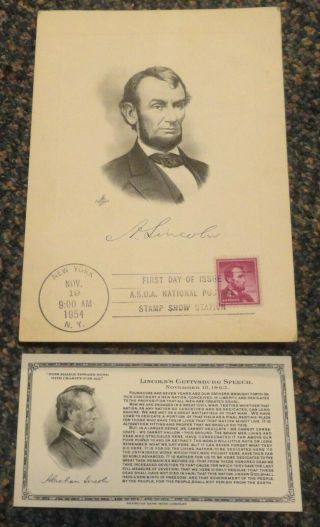 1954 Lincoln 4ct Fdc Card And Engraved Gettysburg Speech Card