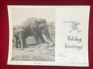 Vintage Holiday Greetings Card From Ed Binner With A Photo Of Tusko The Elephant