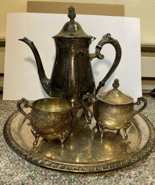 Vintage Leonard Silver Plate Coffee/tea 4 Piece Set Tea Pot Tray Sugar Creamer