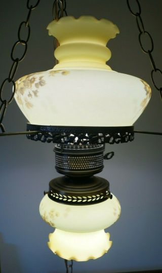 Vintage 1960s Mcm Double Shade Hanging Yellow Satin Glass Hurricane Swag Lamp