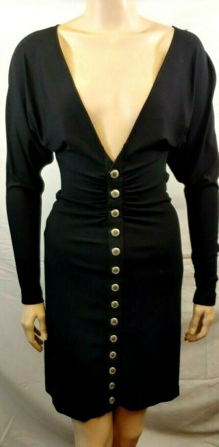 - - - - Dolce Gabbana Vintage Black Snap Bodycon Midi Dress Deep V - Neck Ruched