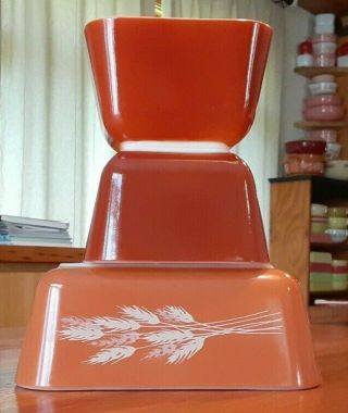 Vintage Pyrex Autumn Harvest Rust Red 501,  501,  502 Refrigerator Set Of 3