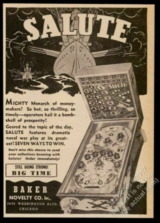 1941 Baker Salute Pinball Machine Photo Vintage Trade Print Ad