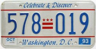 Washington Dc 1993 " Celebrate & Discover " License Plate,  578 019